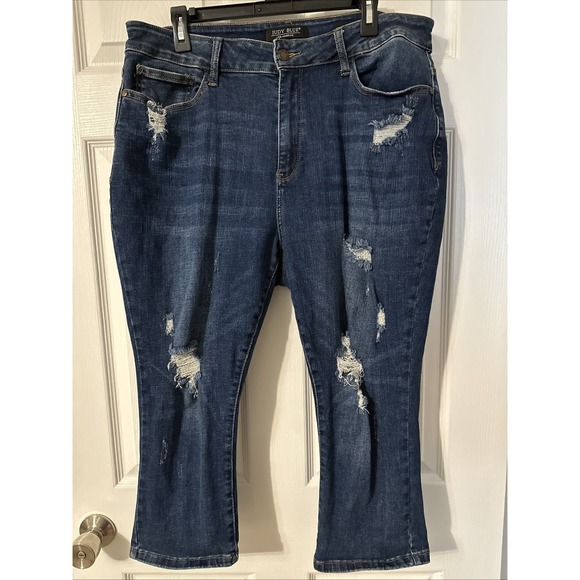 Judy Blue Denim - Judy Blue Jean Womens 18W Medium Wash Relaxed Fit Distressed High Rise Cropped
